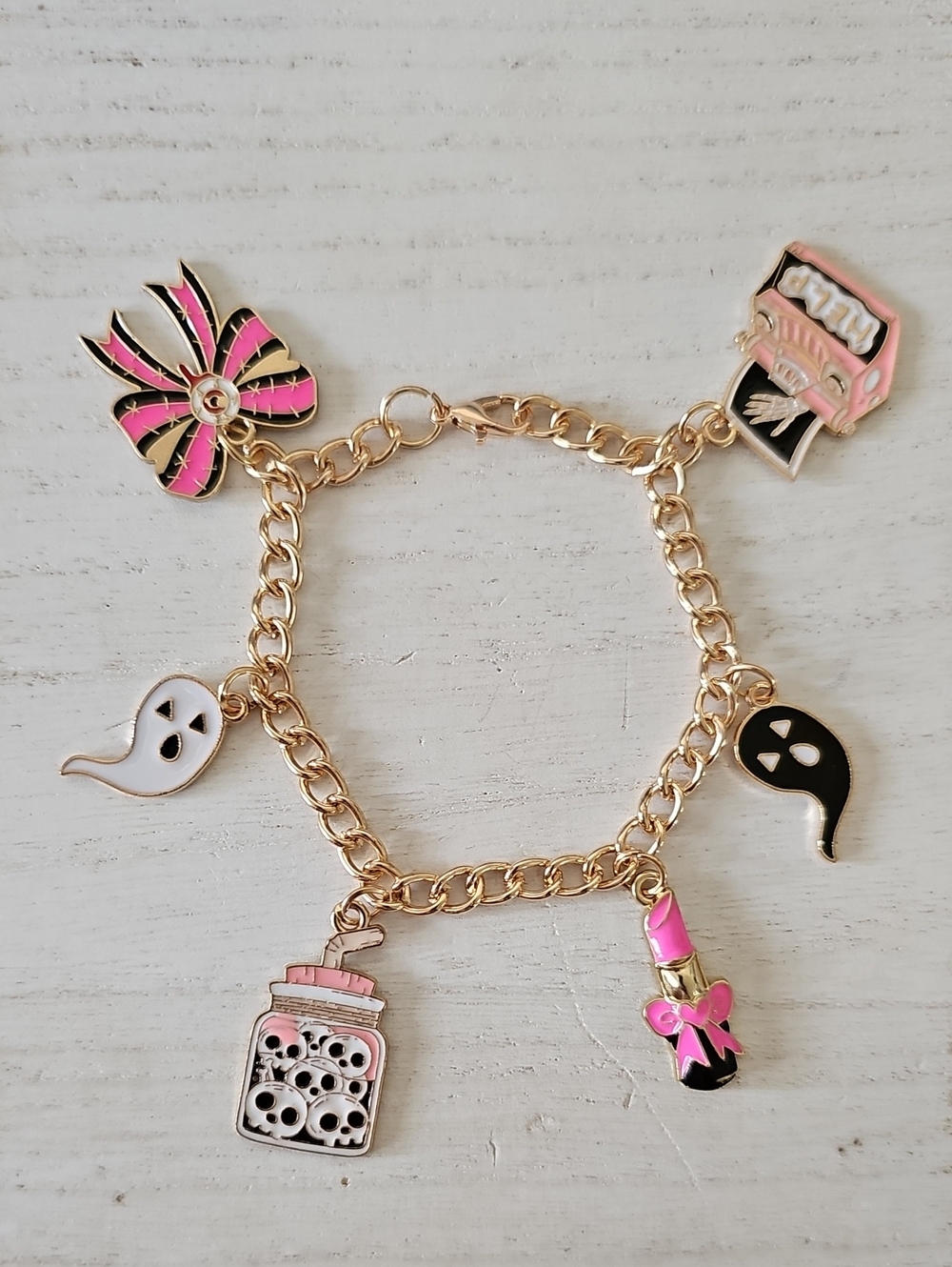 Gold-Tone Girly Pink & Black Halloween Charm Bracelet